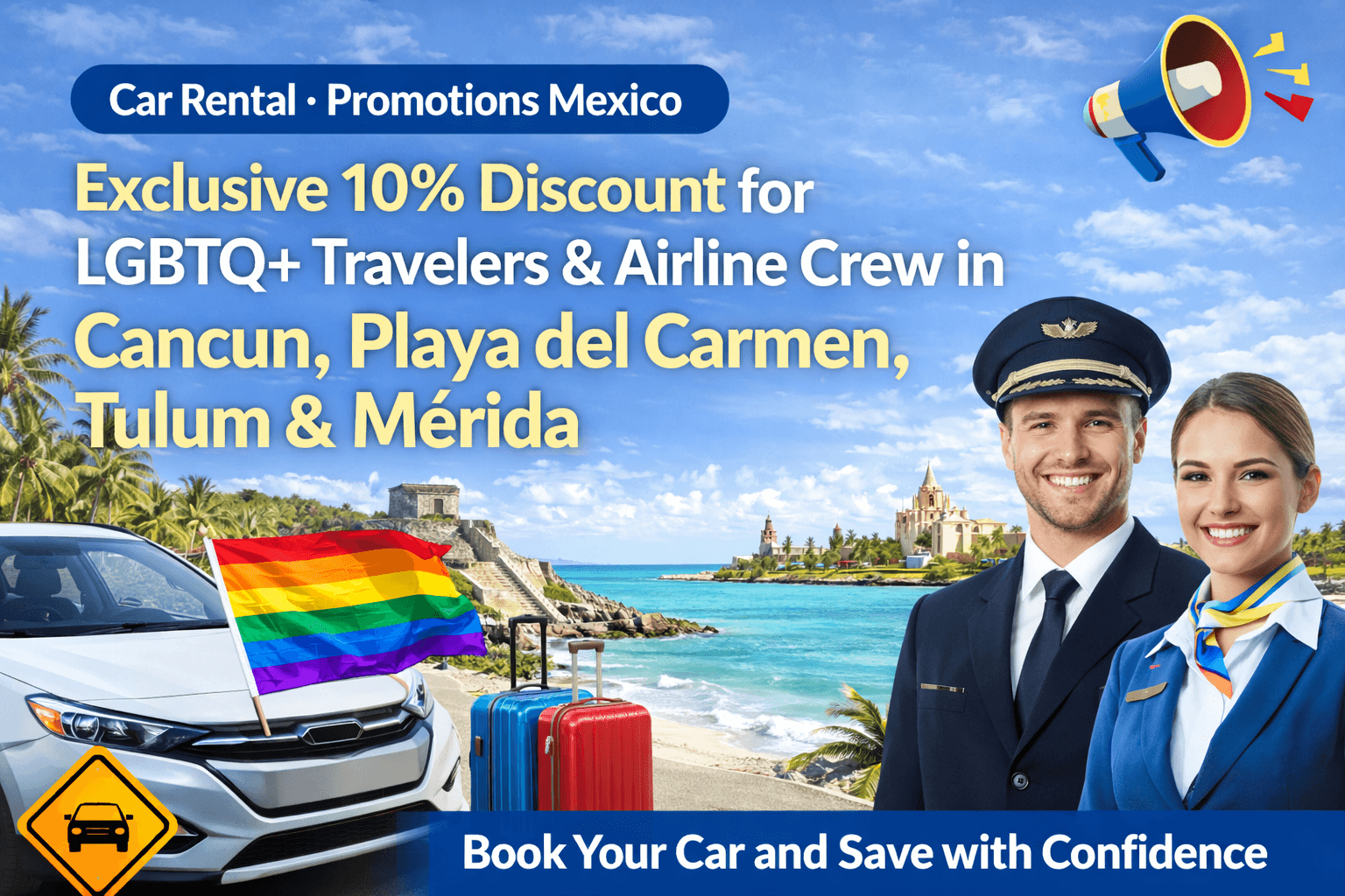 10% Discount Car Rental in Cancun, Playa del Carmen, Tulum & Mérida for LGBTQ+ Travelers & Airline Crew