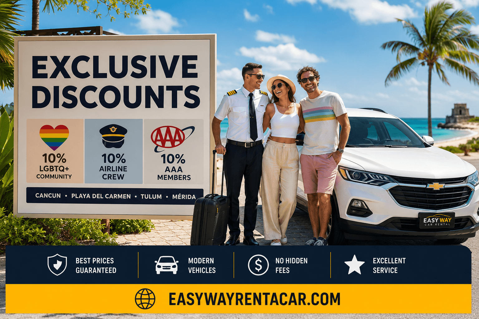 Exclusive Car Rental Discounts in Cancun, Playa del Carmen, Tulum & Mérida