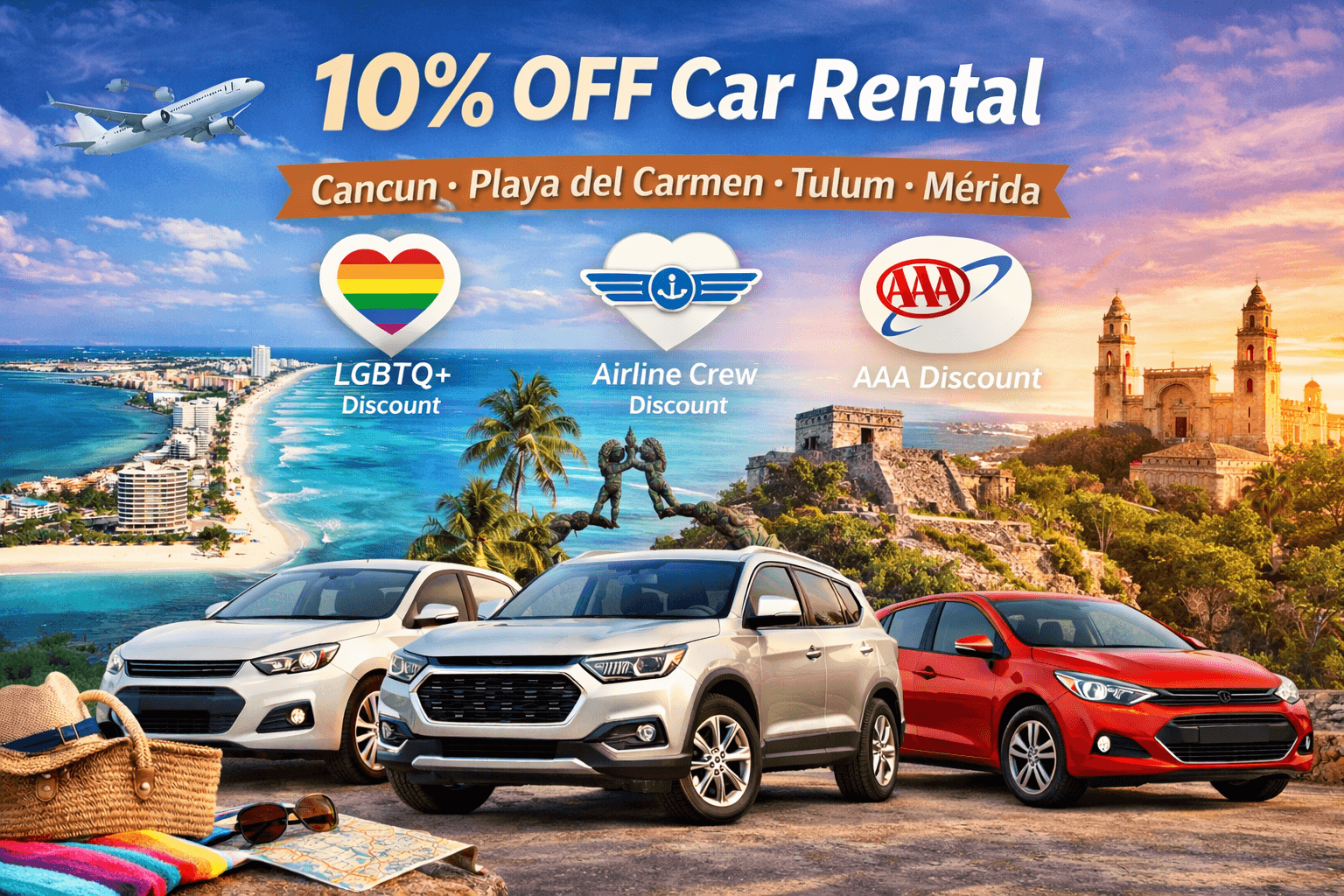 Get 10% Off Car Rental in Cancun, Playa del Carmen, Tulum & Mérida – LGBTQ+, Airline Crew & AAA Members